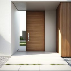 Modern entrance, simple wooden front door for a luxury house